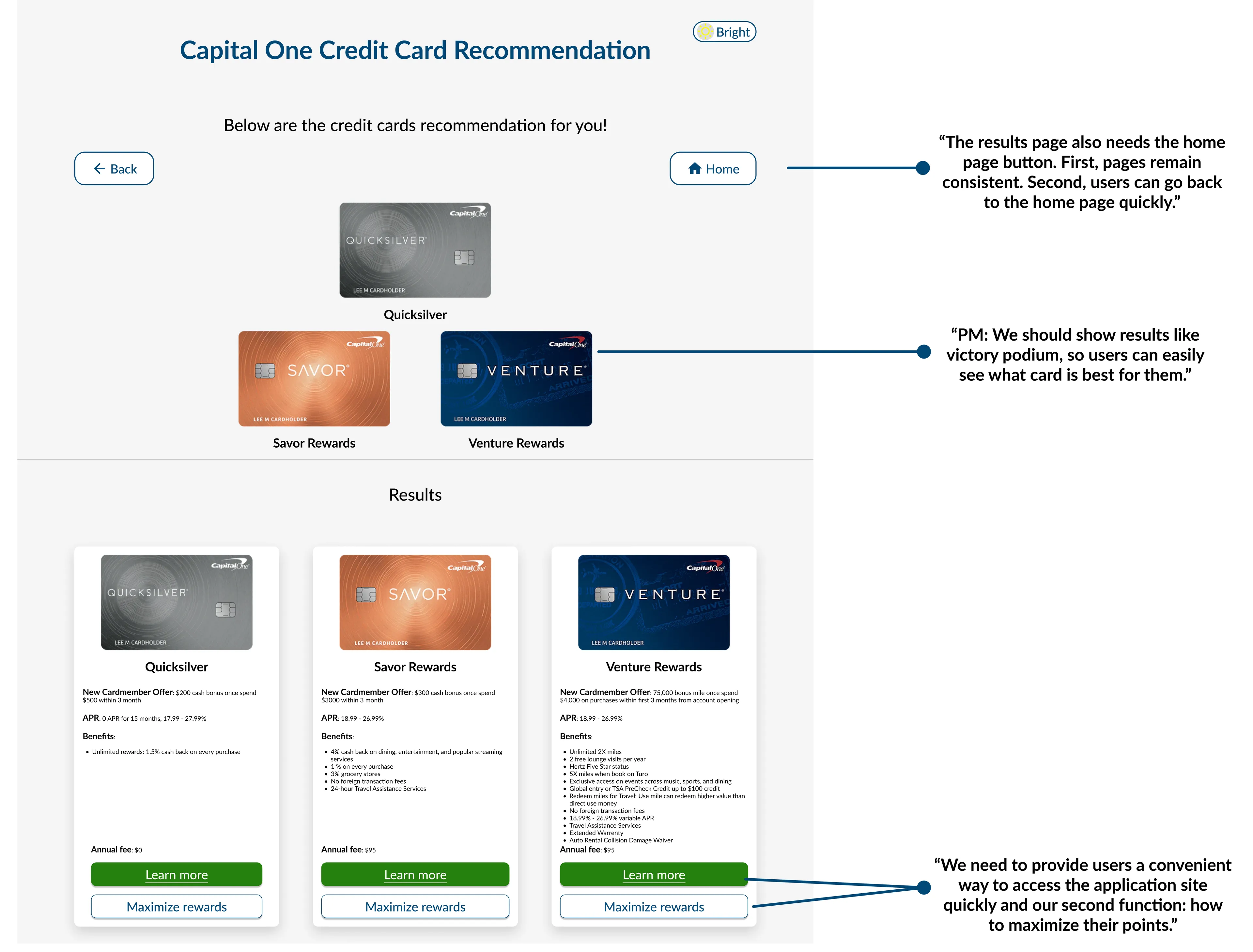 Credit card results page with team comments about the home button, a podium layout and links to apply and maximize rewards