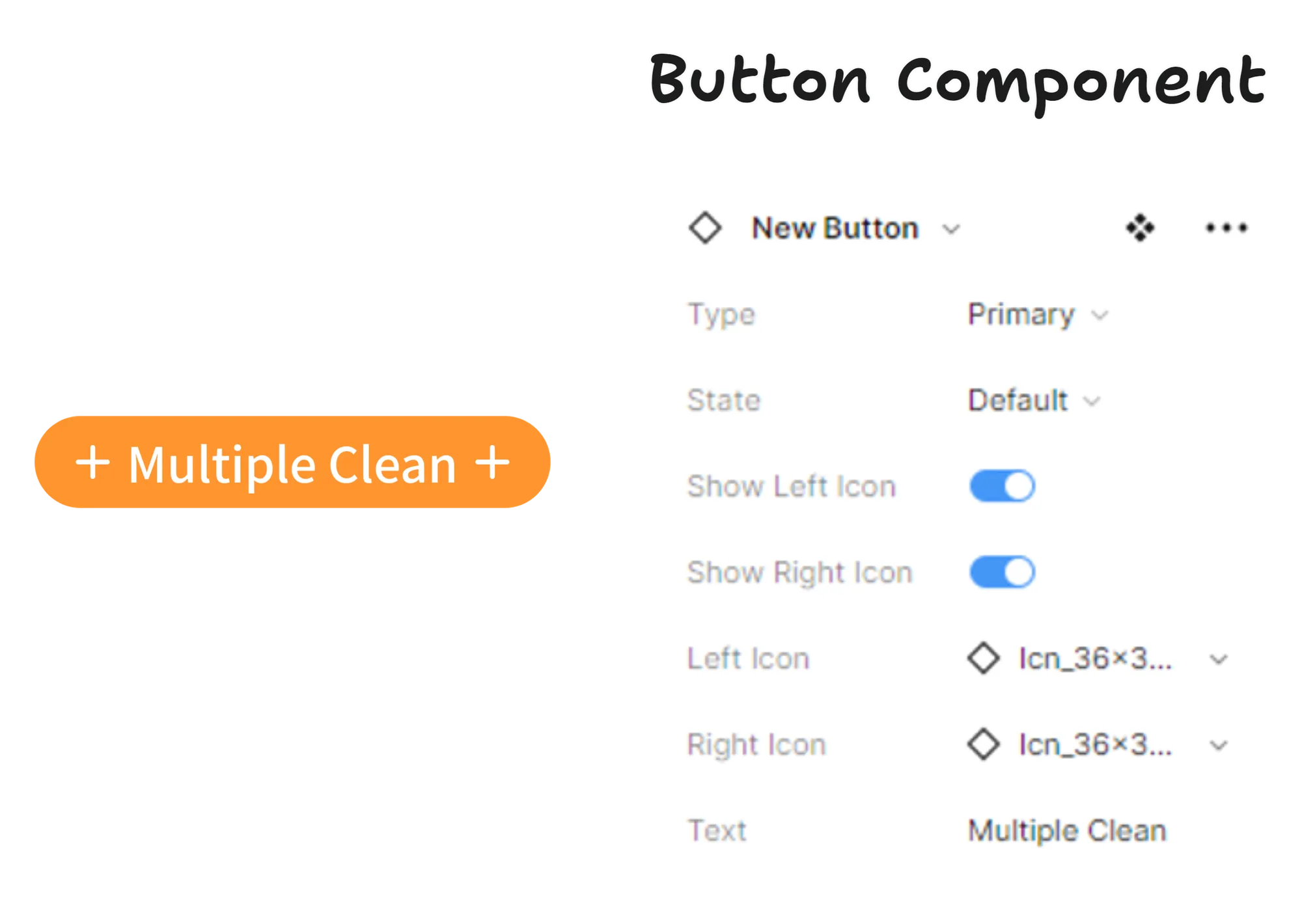 Orange Multiple Clean button beside its Figma component properties panel