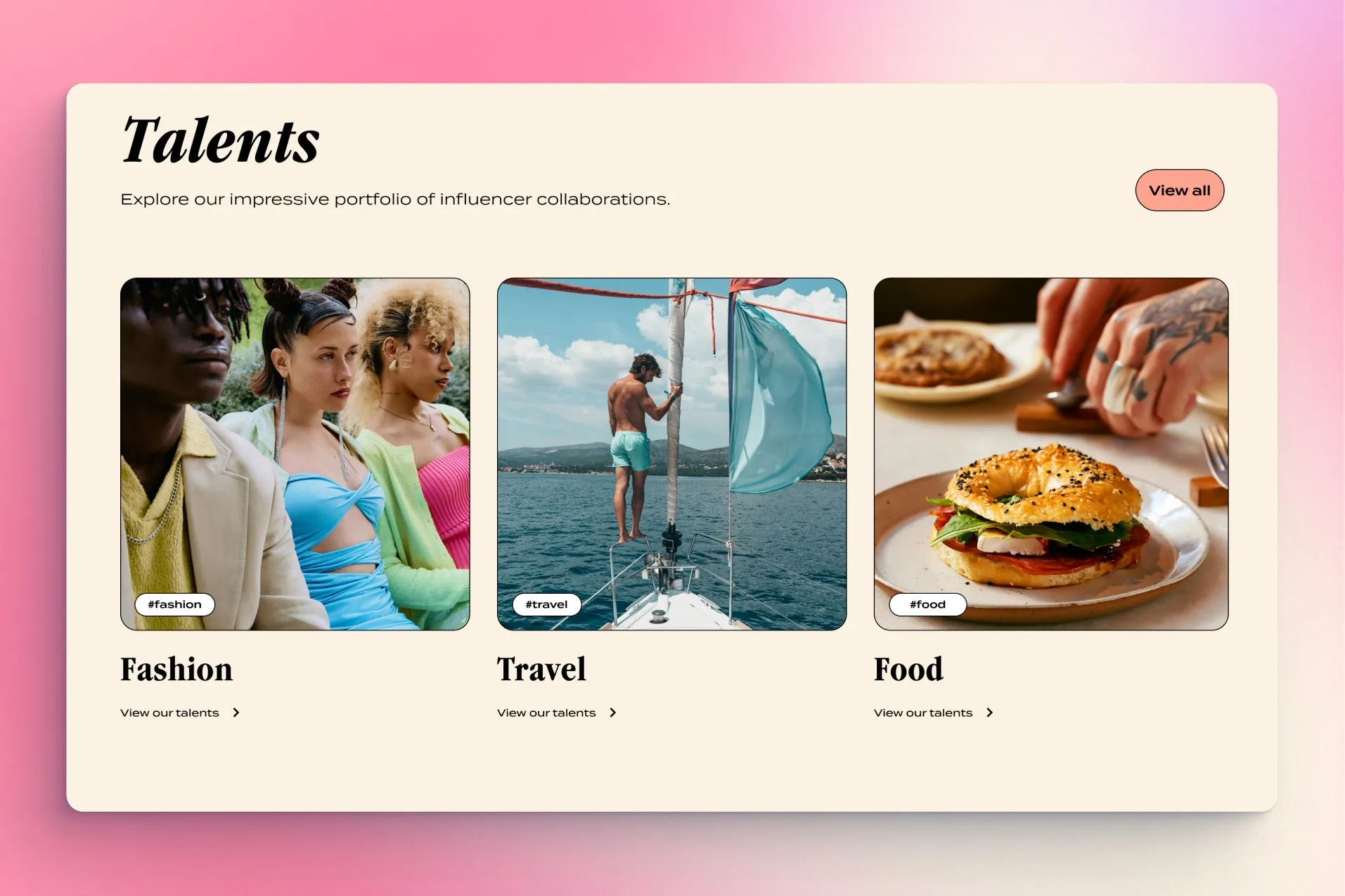 Talents section of the homepage with photo cards for fashion, travel and food influencers