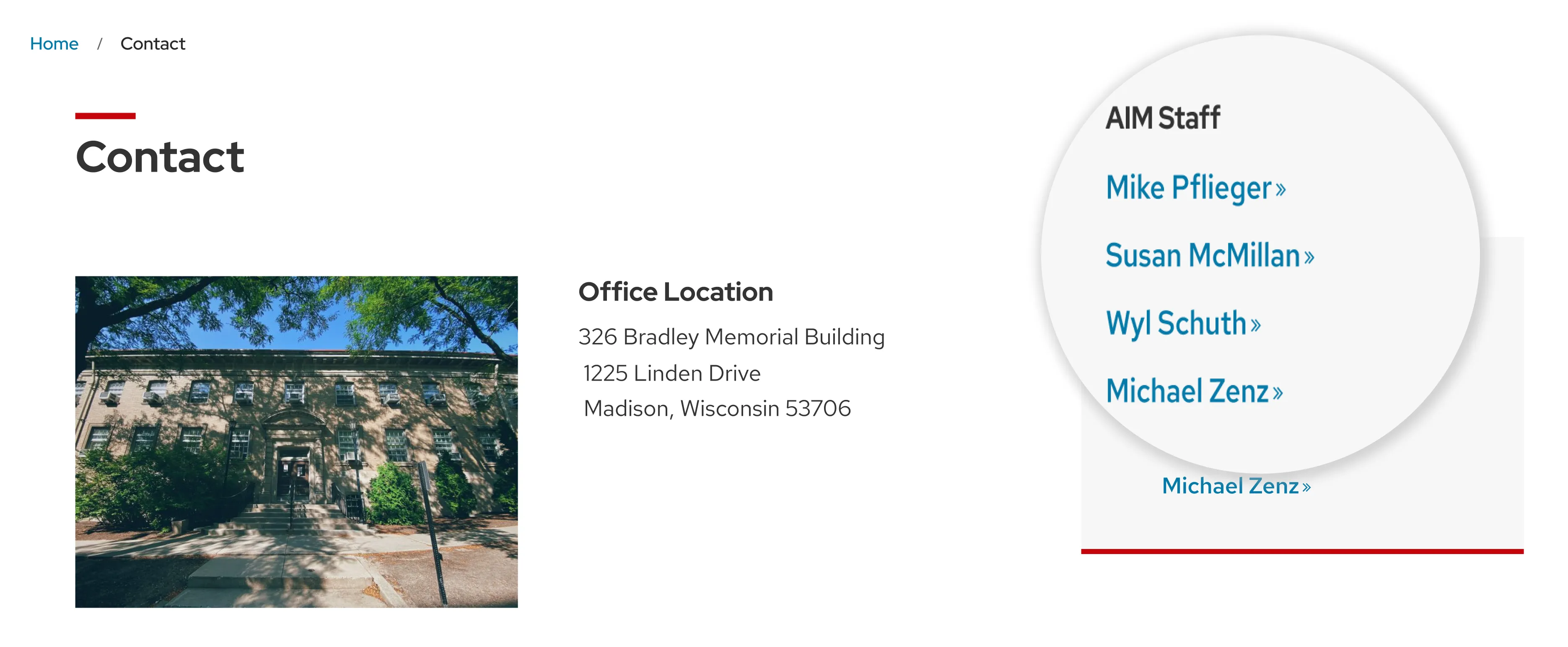 Old Contact page with an office photo and address, and a magnifier over the list of AIM staff names
