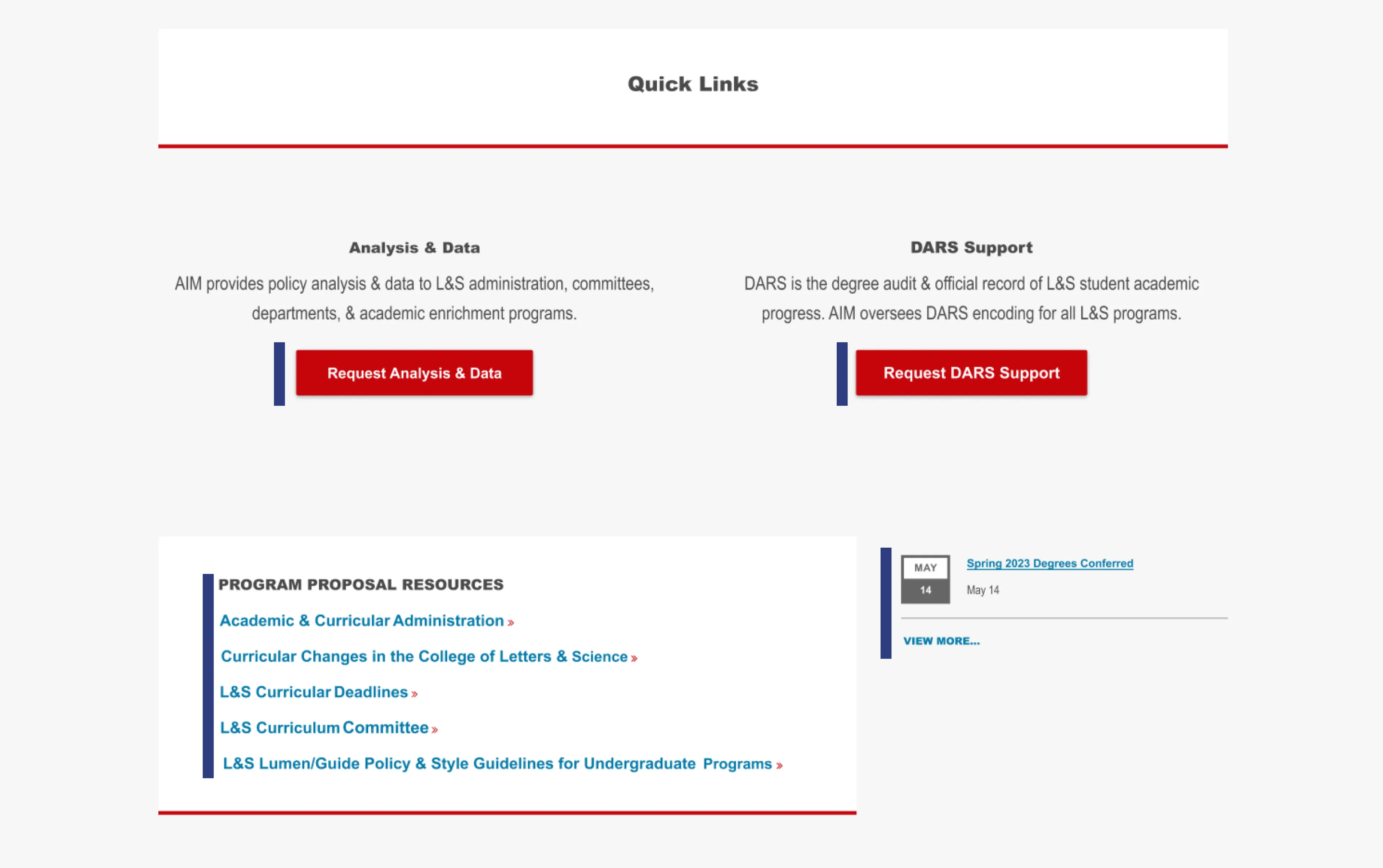 Old AIM home page with Quick Links, request buttons, program proposal resources and a calendar