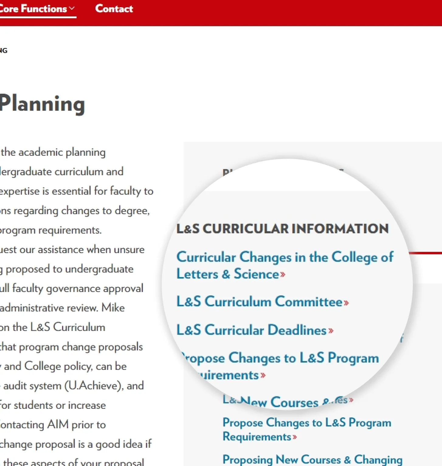 Old core function page with a magnifier over a list of L&S curricular information links