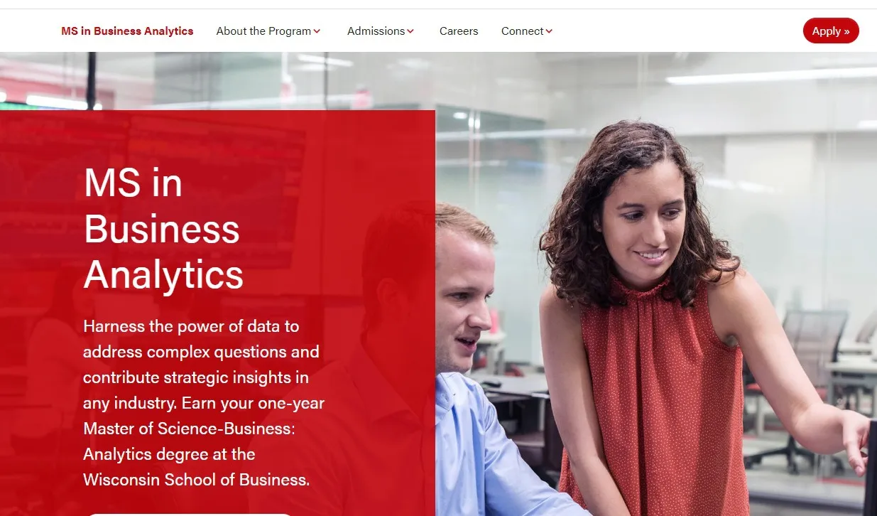 UW-Madison MS in Business Analytics home page with navigation across the top and a photo of two people at a computer