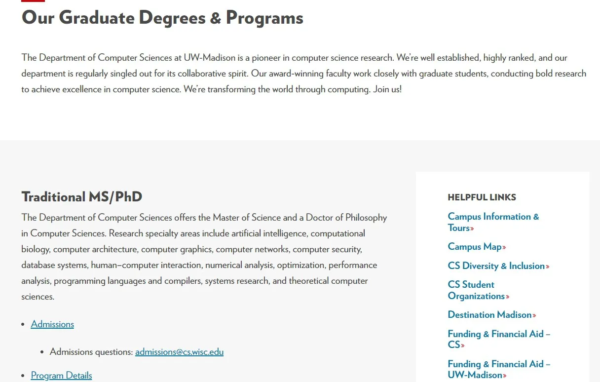 UW-Madison Computer Sciences graduate programs page with a Helpful Links list at the side