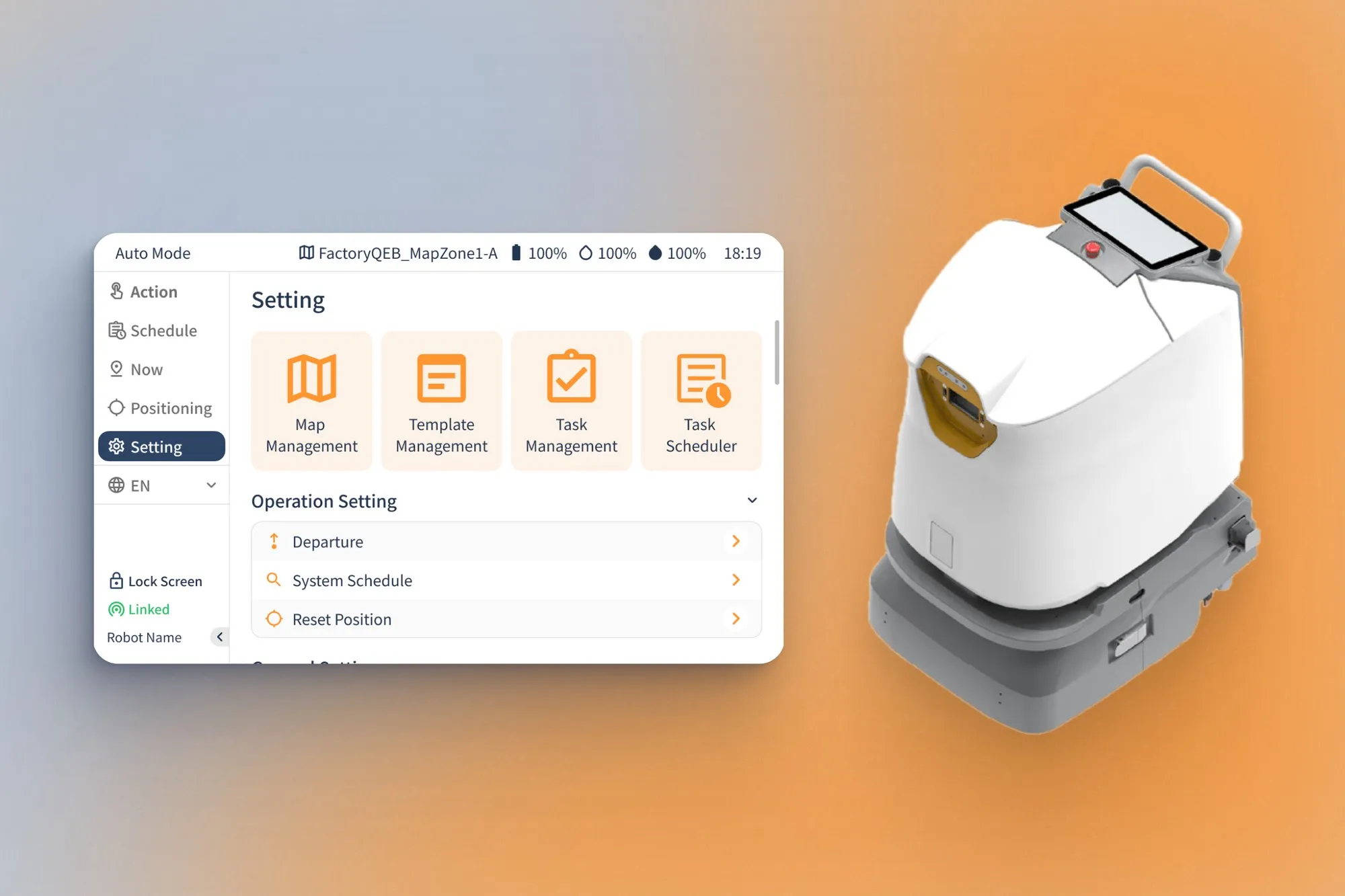 MIO V2 cleaning robot beside its tablet interface showing the settings menu