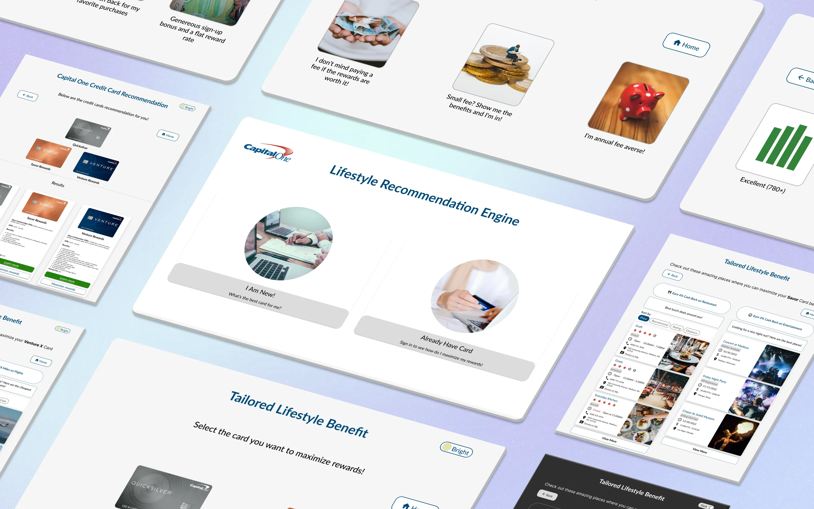 Tilted collage of Lifestyle Recommendation Engine screens, with the I Am New and Already Have Card choices at the centre