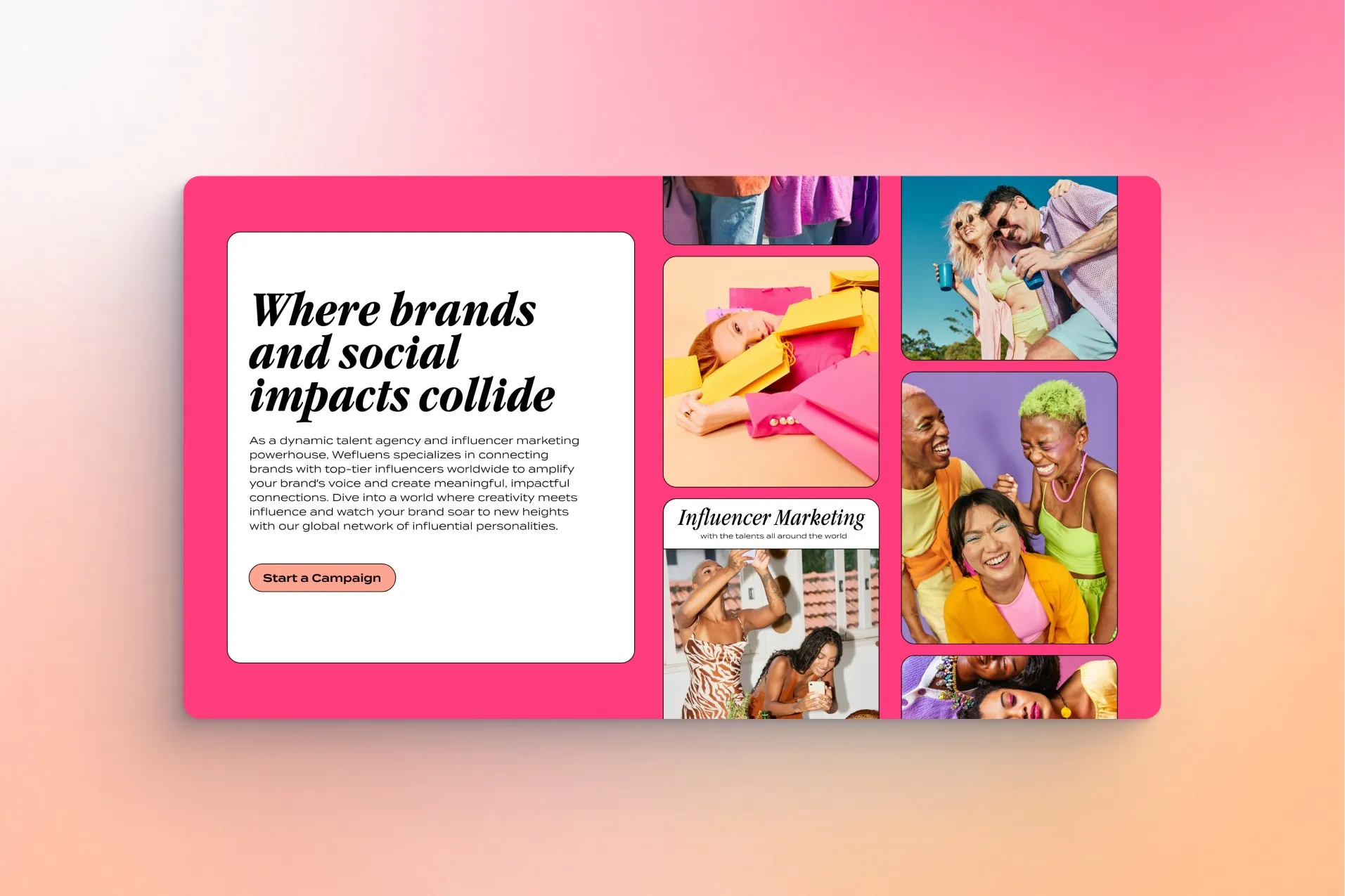 Redesigned Wefluens homepage, with a bold pink headline panel beside a collage of influencer photos