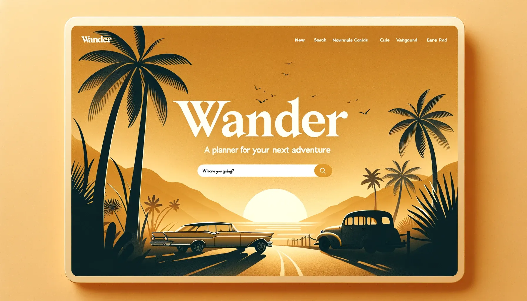 Illustrated Wander planner homepage with palm trees, vintage cars and a sunset behind a search bar