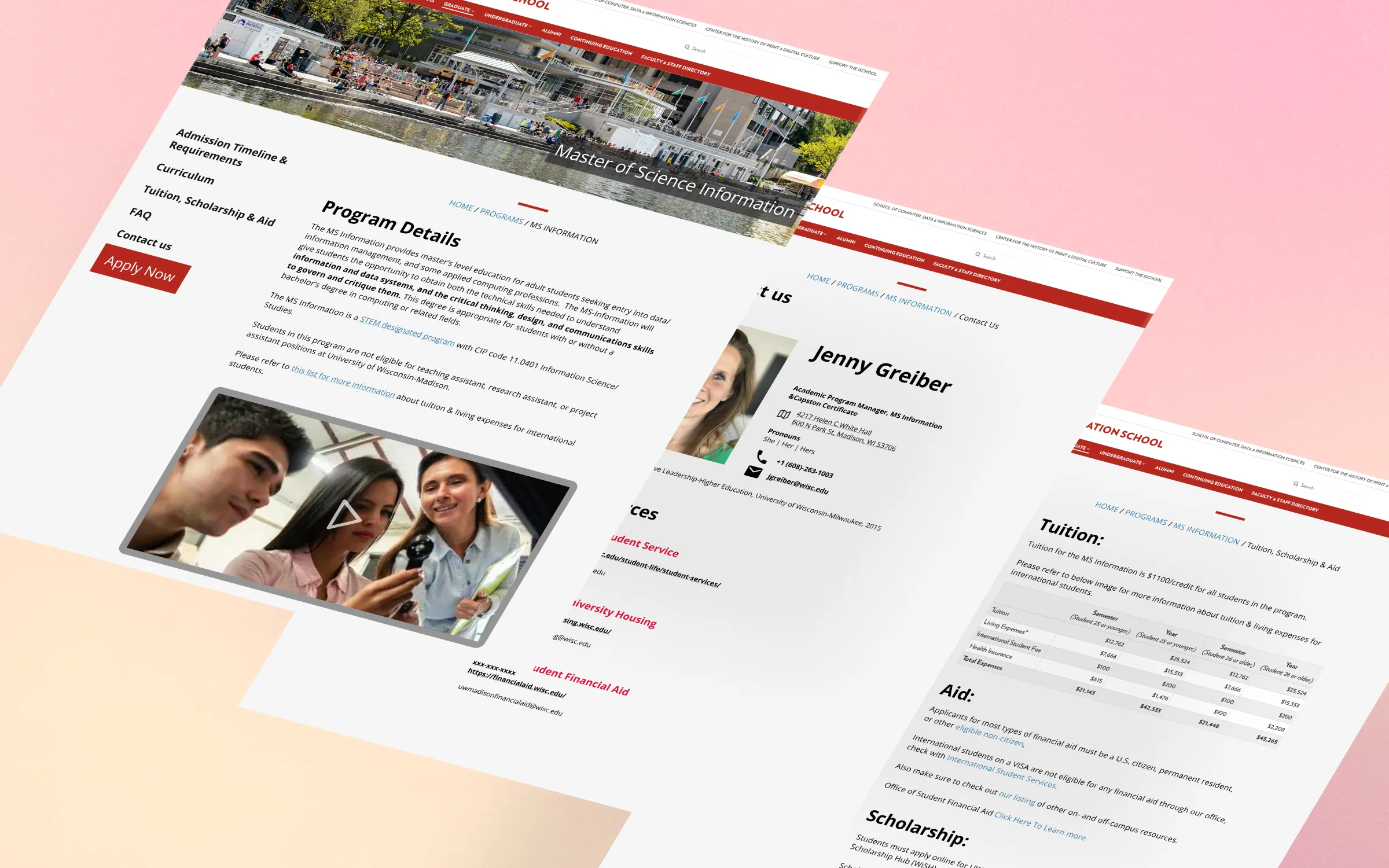 Three tilted MS Information web pages on a pink and peach background, showing program details, contact and tuition