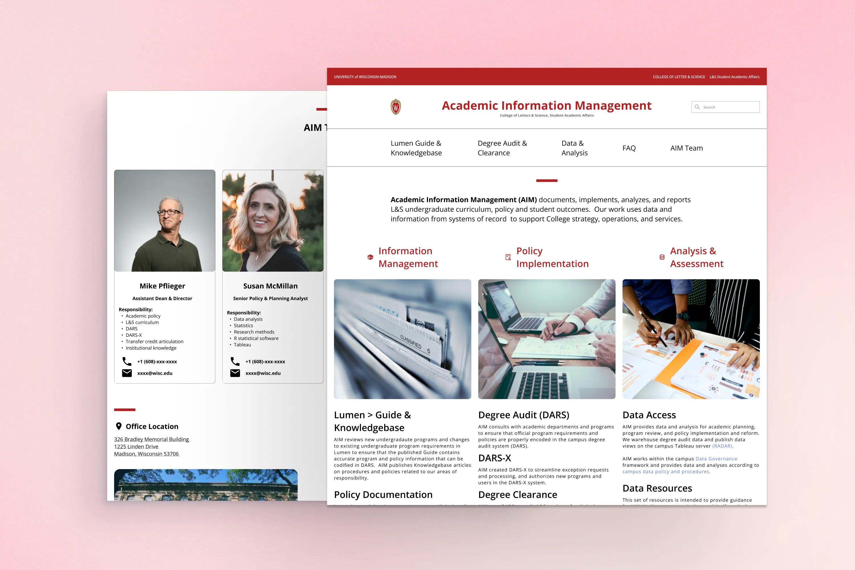 Two Academic Information Management web pages on a pink background, the home page with three service areas in front of the AIM Team page
