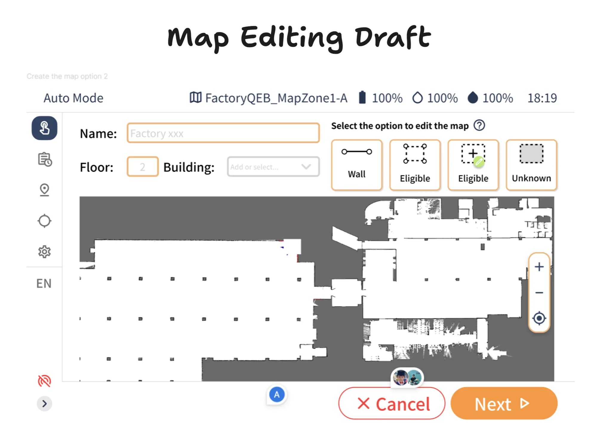 Early draft of the Map Editing screen, with name and floor fields above a floor map