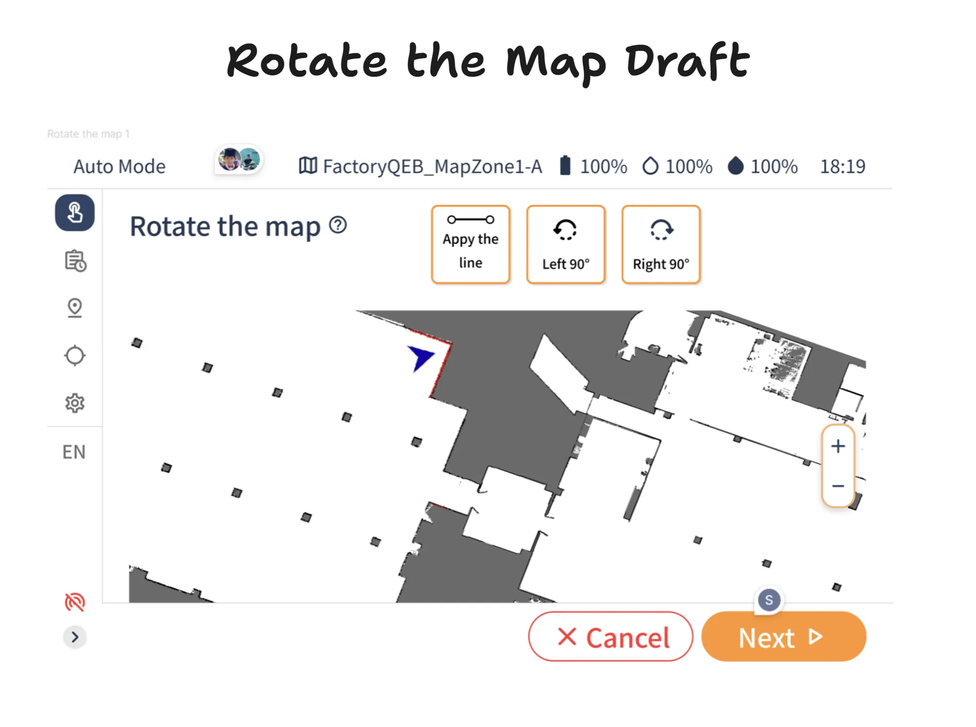 Early draft of the Rotate the Map screen, with rotation controls above a floor map