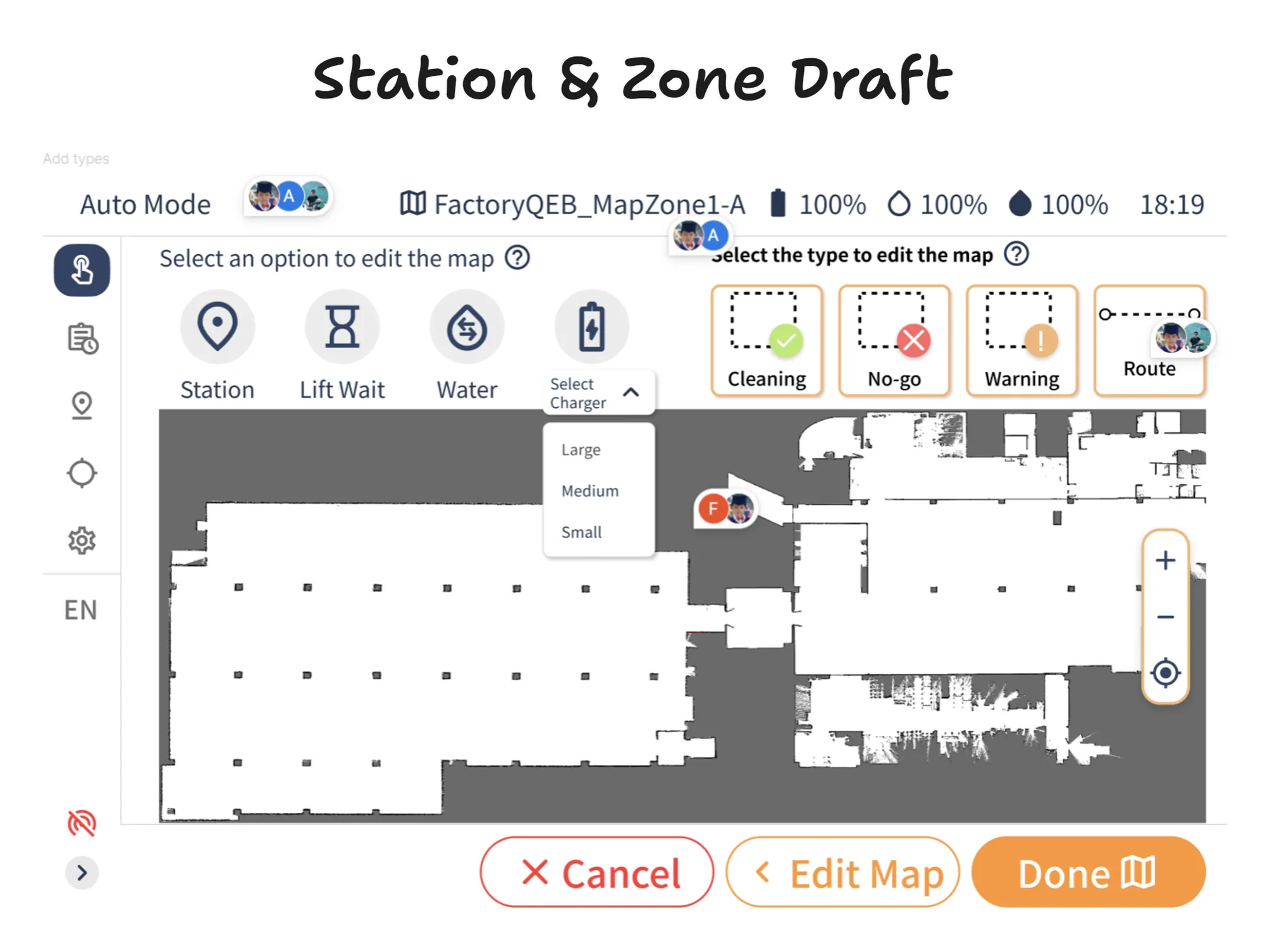 Early draft of the Station and Zone screen, with station types listed above a floor map
