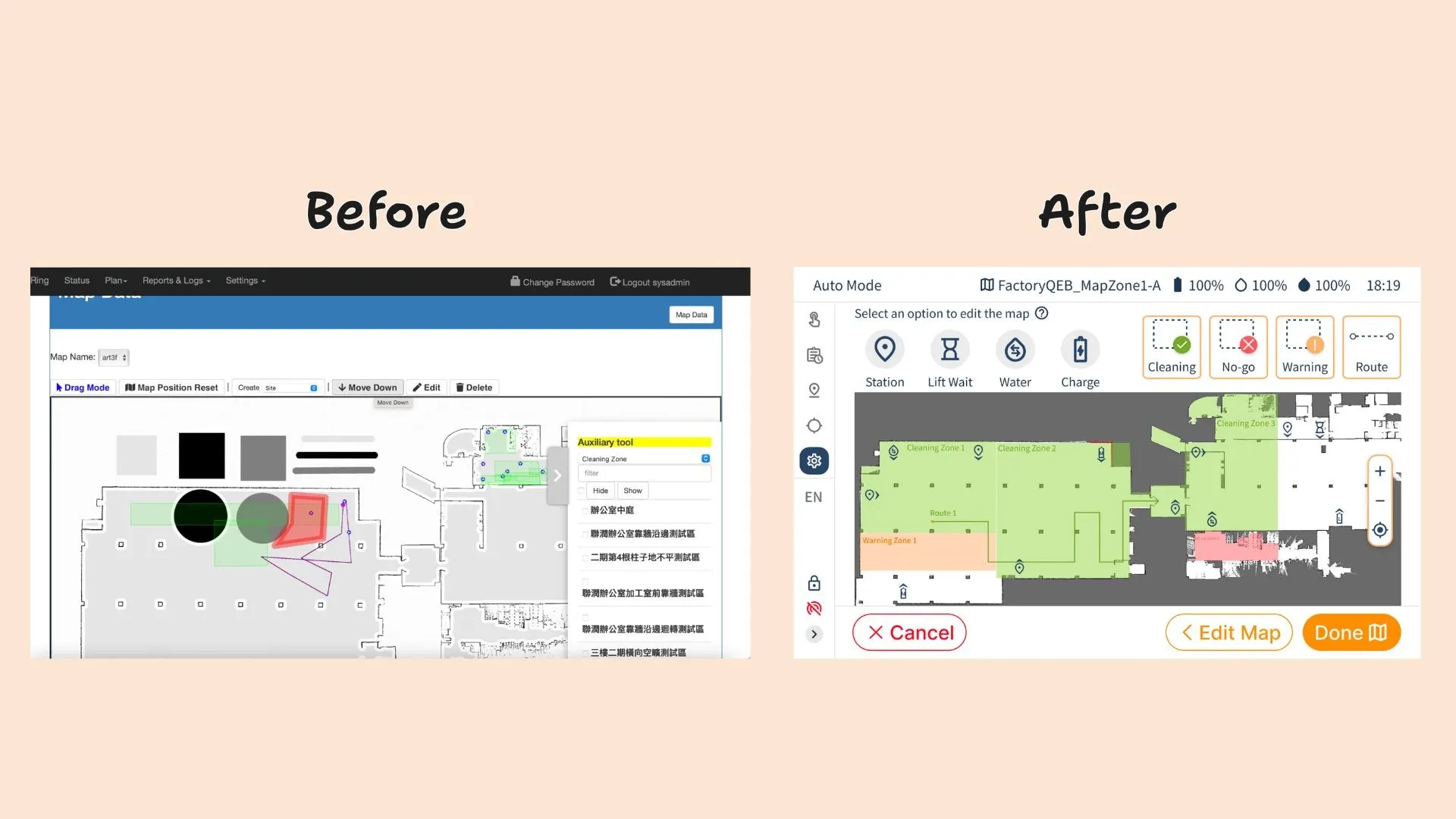 Before and after comparison of the Edit Type screen, showing stations, zones and routes on a floor map