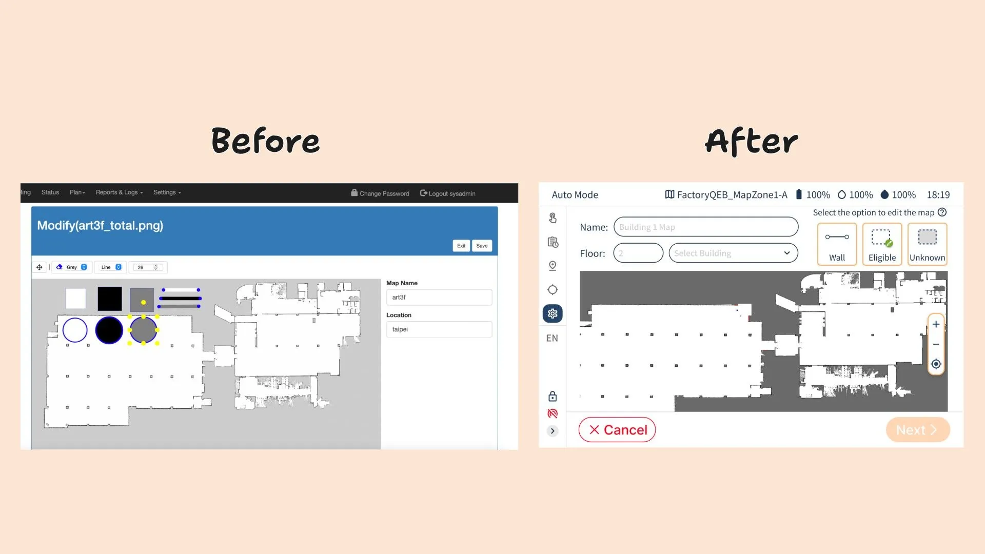 Before and after comparison of the Edit Map screen, from the old laptop layout to the new tablet layout