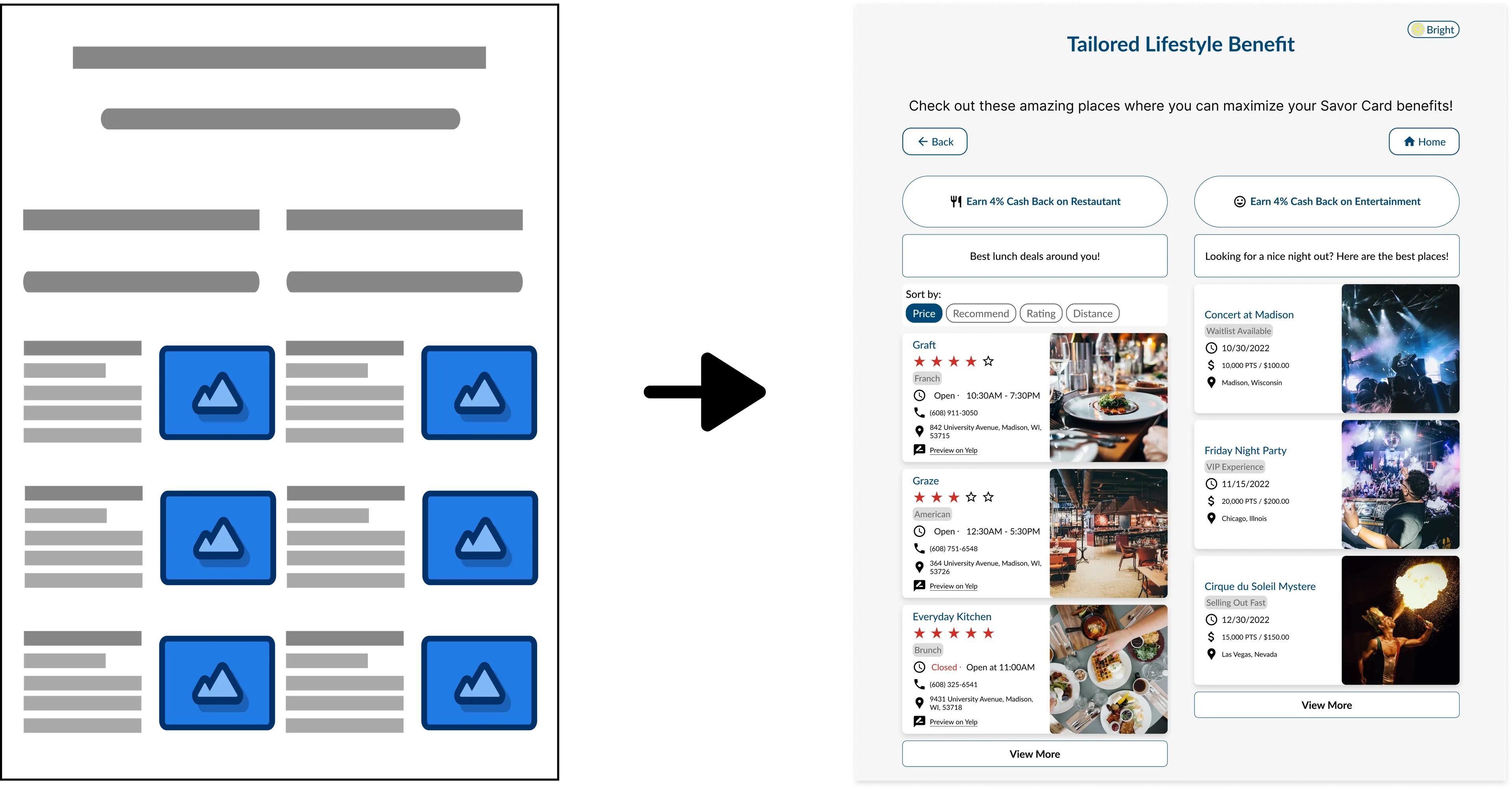 Wireframe of two listing columns beside the finished screen listing restaurants and entertainment