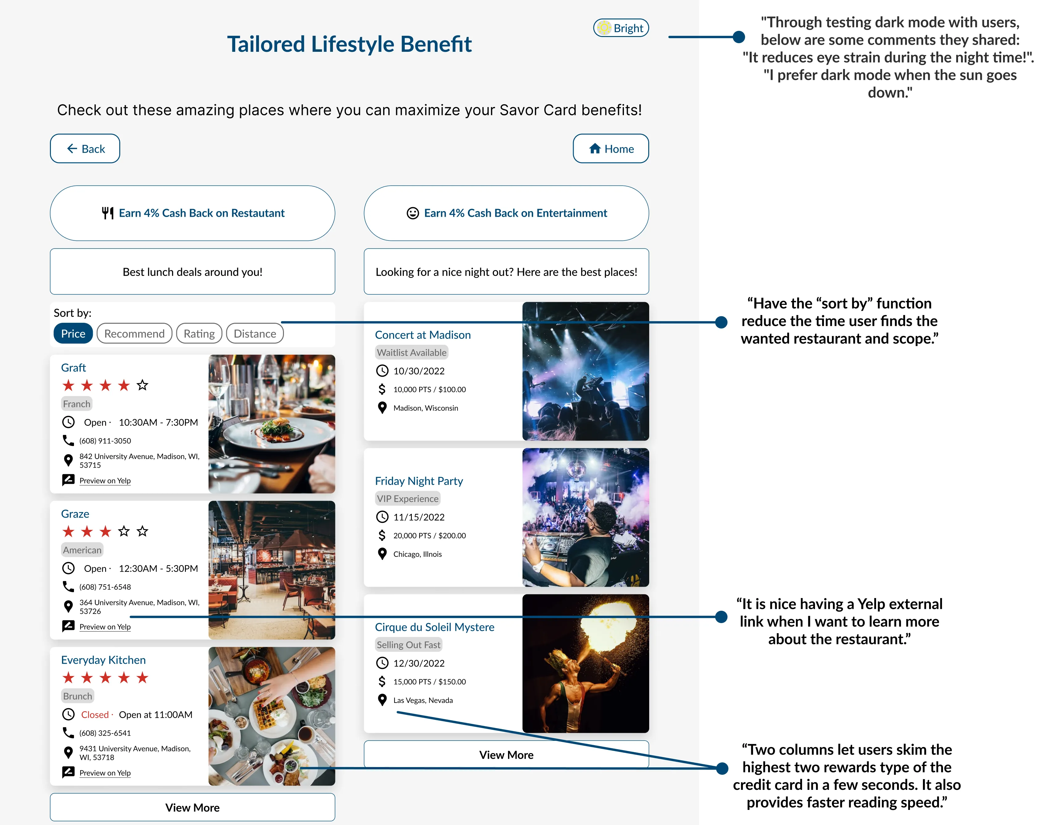 Tailored Lifestyle Benefit screen with user comments about dark mode, the sort by function, the Yelp link and the two columns