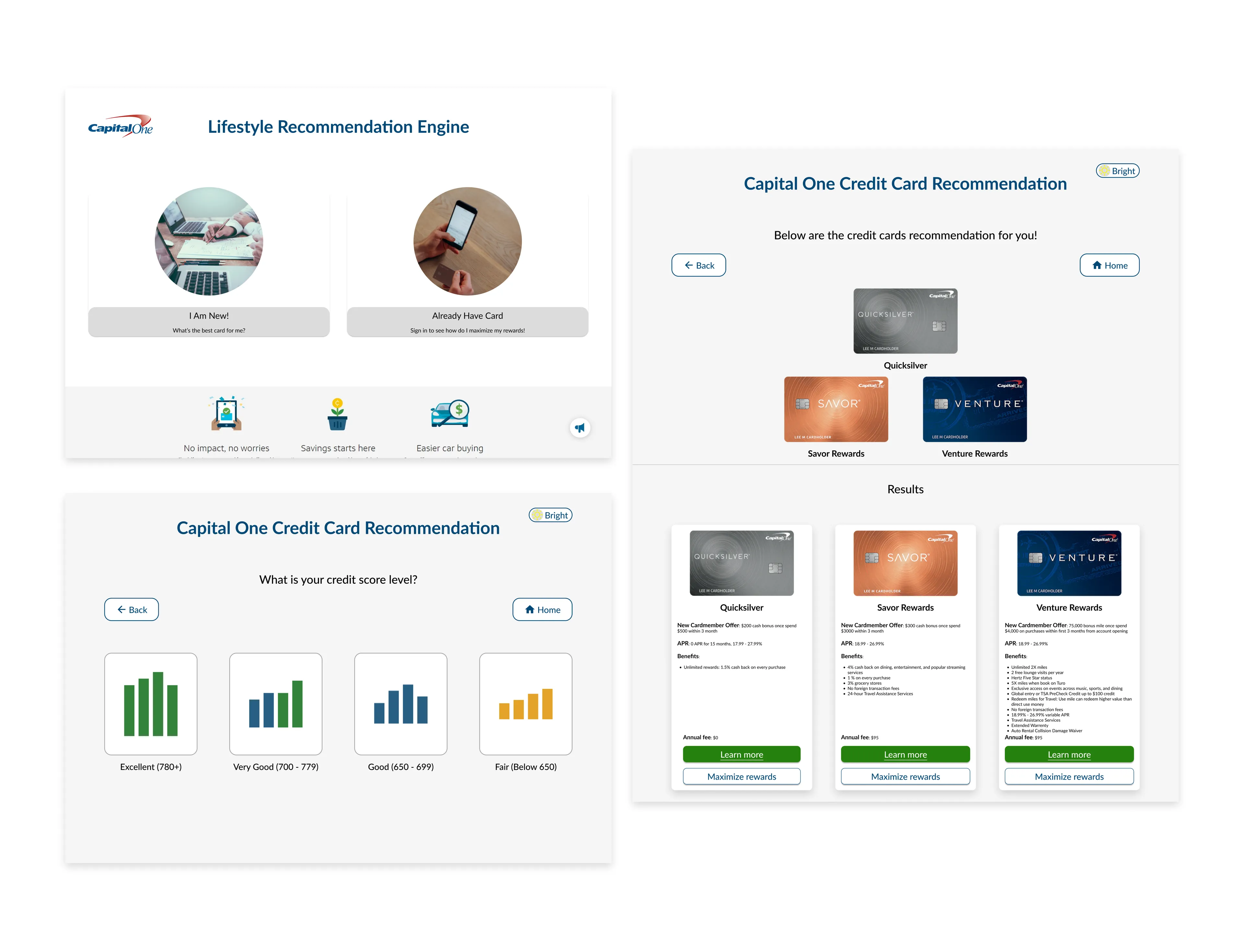 Feature 1 screens: the home page with two starting choices, a credit score question, and the card results page