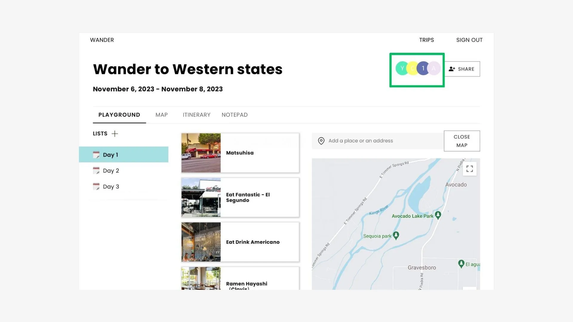 Trip page with four collaborator avatars highlighted beside the Share button