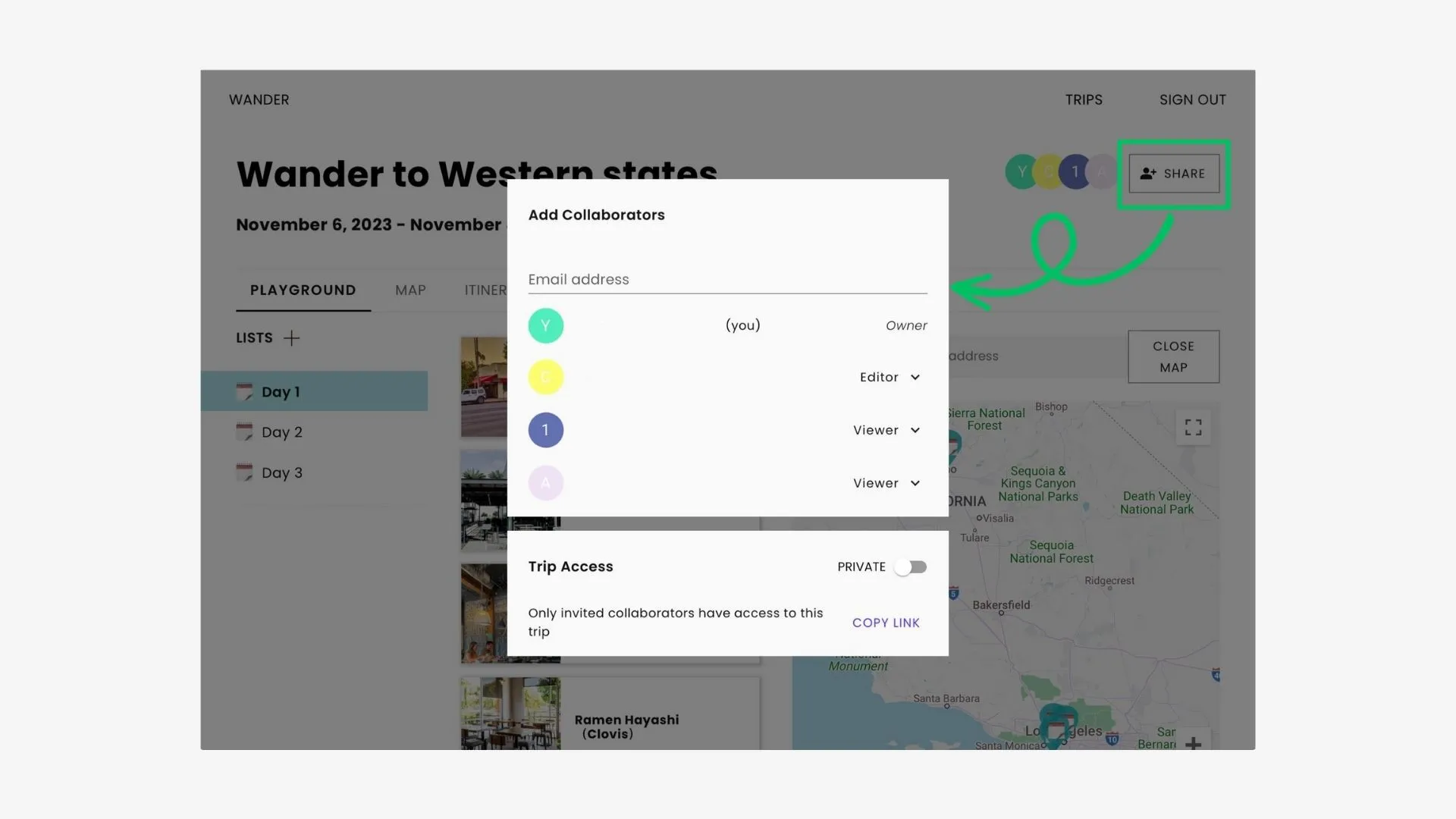 Add Collaborators pop-up opened from the Share button, with an email field, roles and a private trip access setting