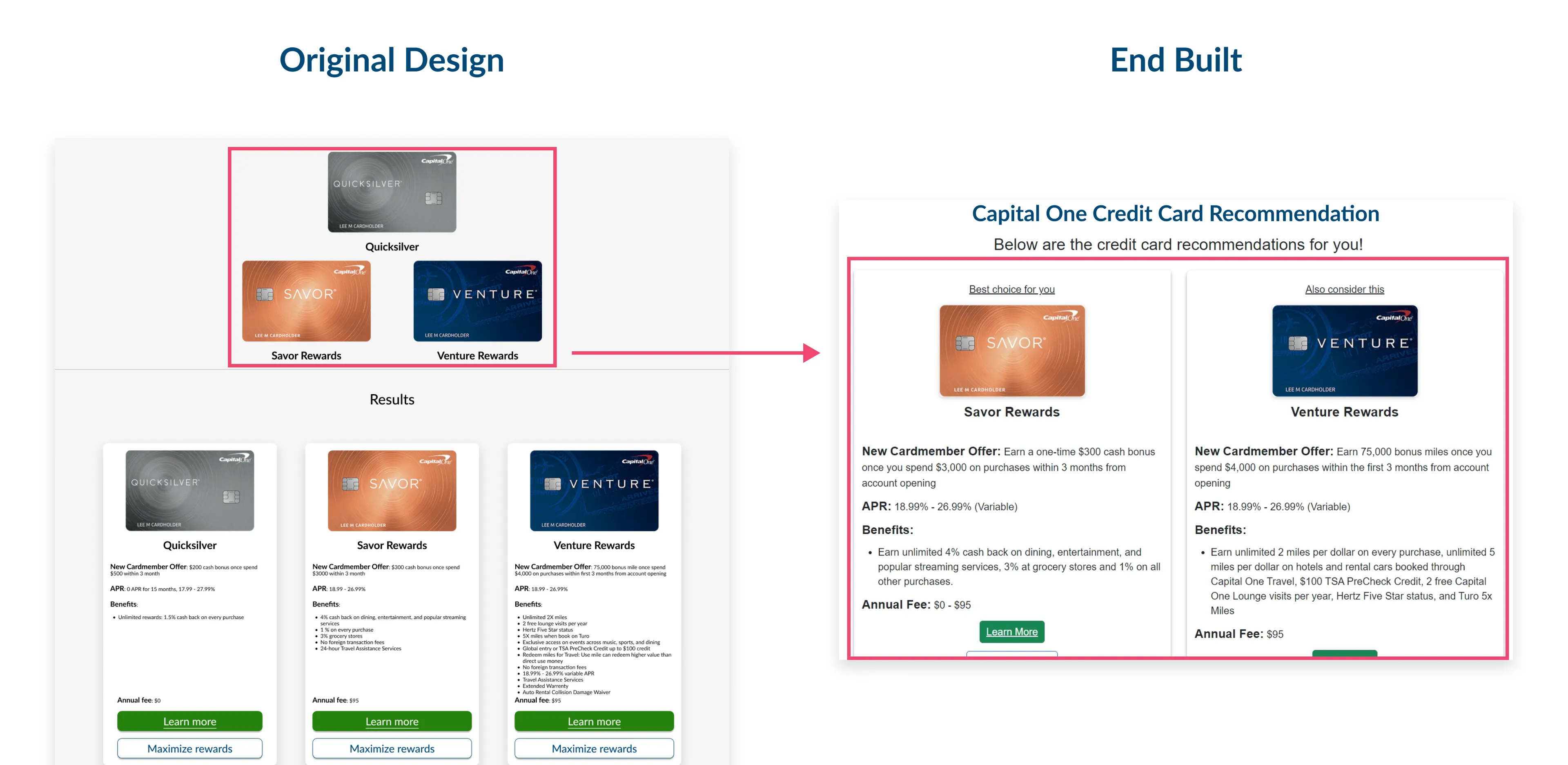 Original design with a podium of three cards beside the end built page showing two recommended cards side by side