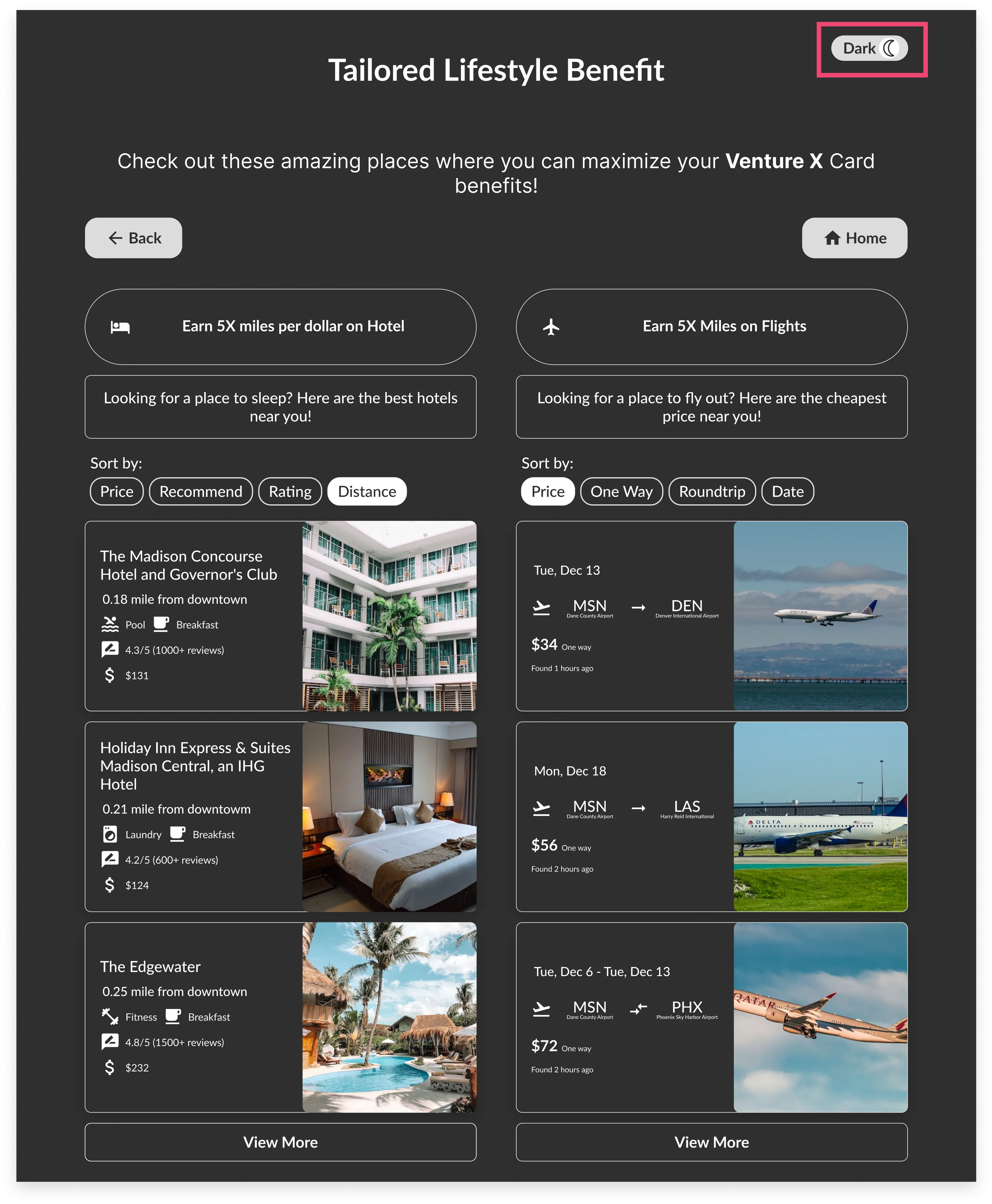 Tailored Lifestyle Benefit page in dark mode listing hotels and flights, with the Dark toggle highlighted