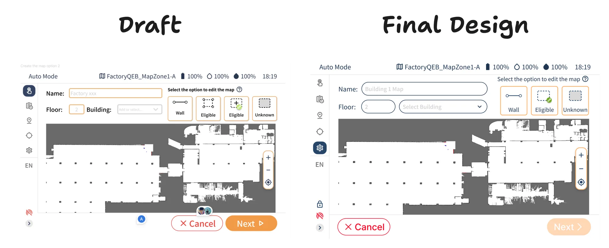 Draft and final designs of the Map Editing screen side by side