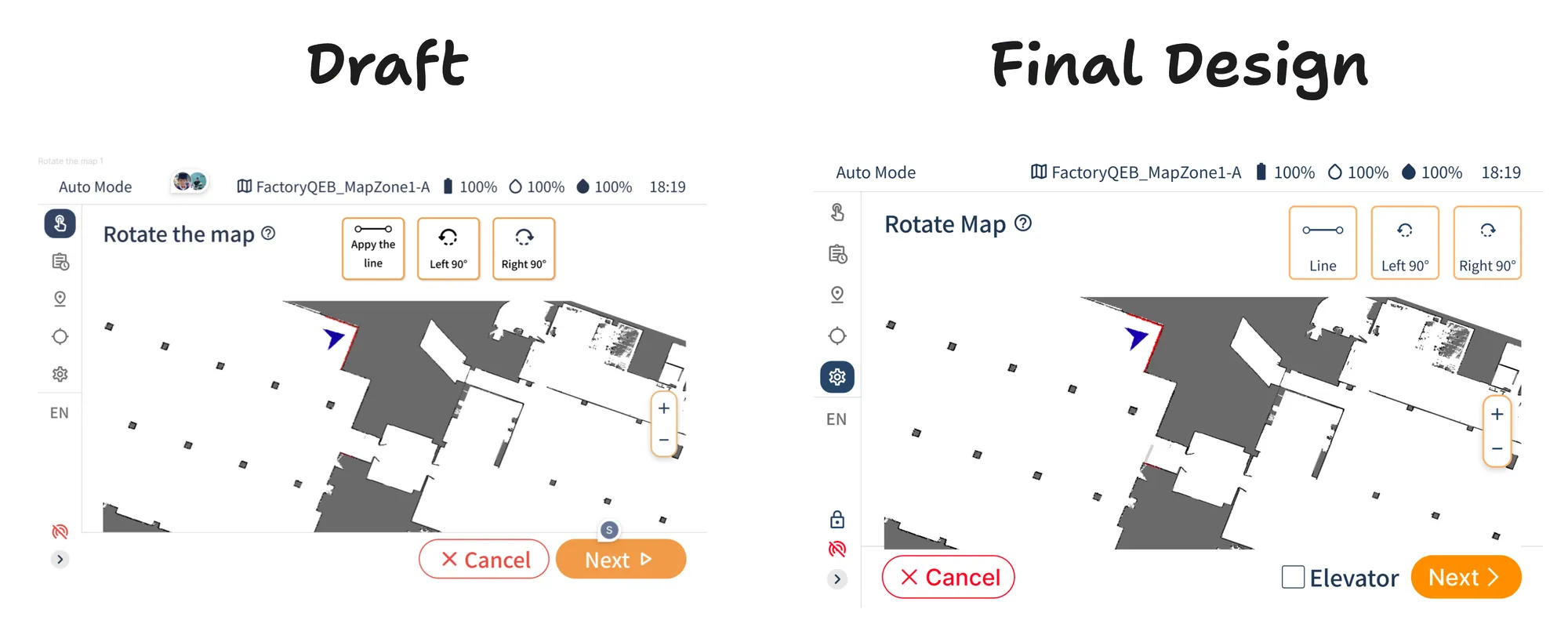 Draft and final designs of the Rotate the Map screen side by side