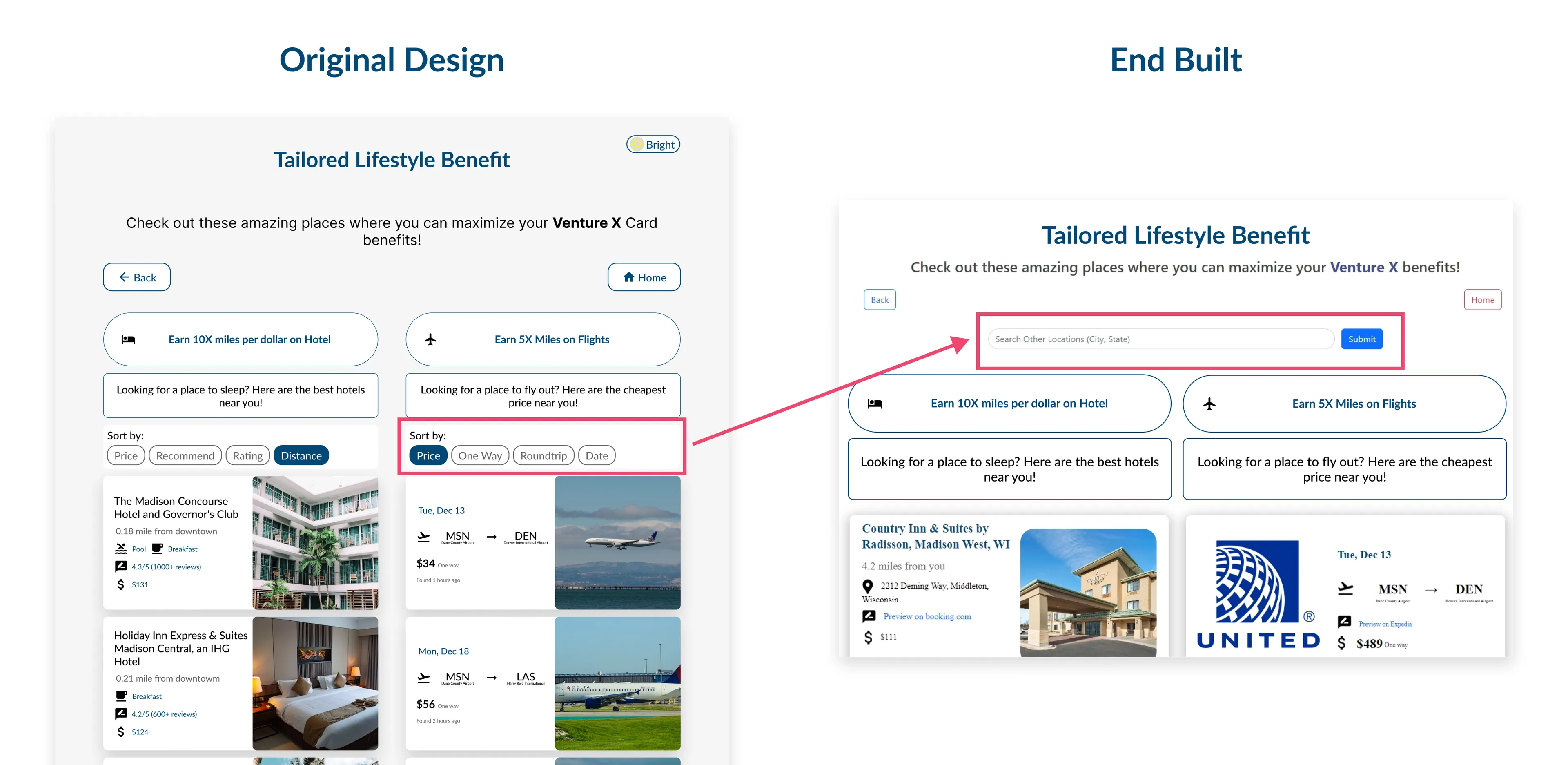 Original design with Sort by filters beside the end built page with a location search box instead