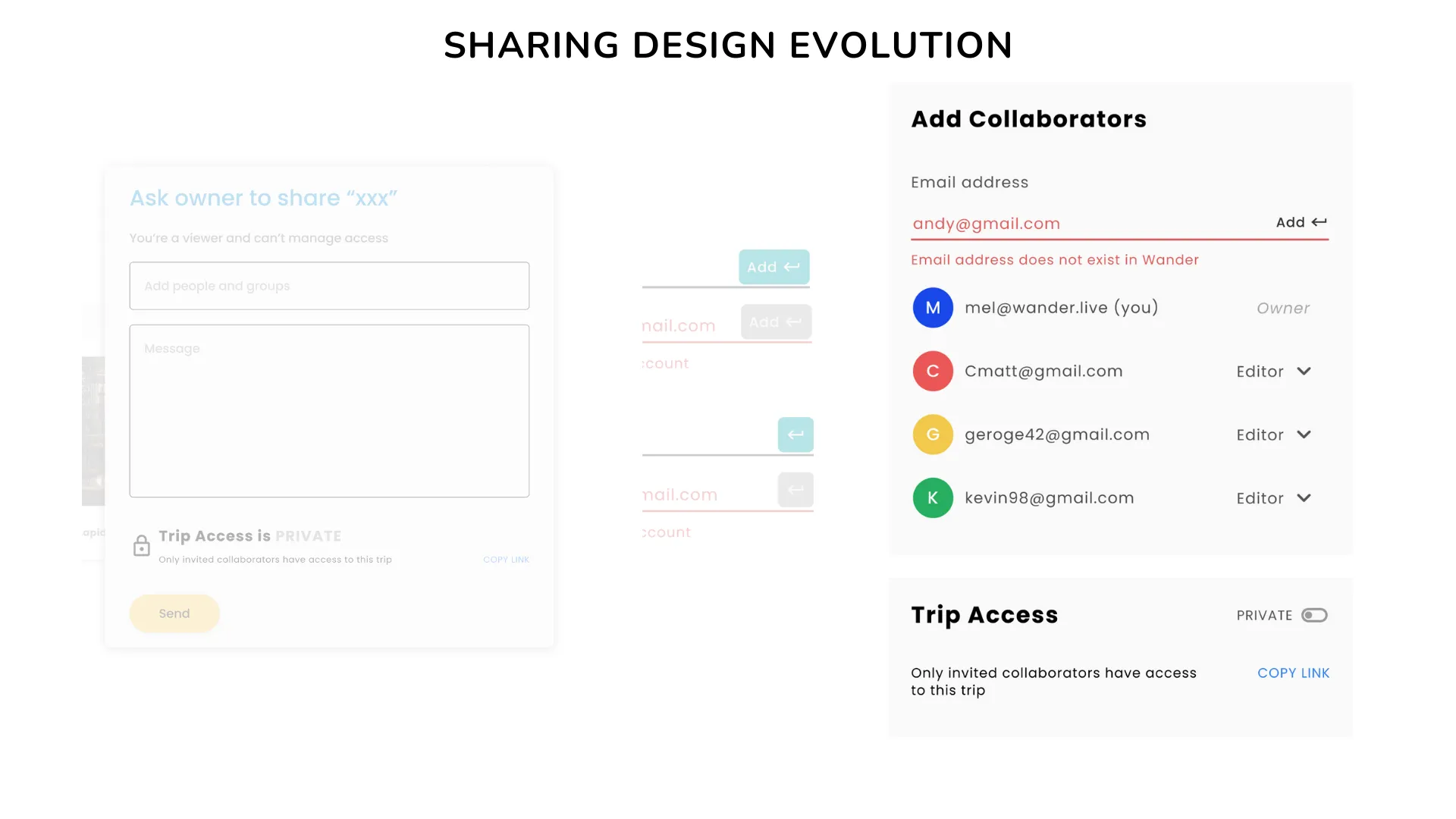 Early sharing concepts faded on the left, with the final Add Collaborators pop-up showing an "Email address does not exist in Wander" error on the right