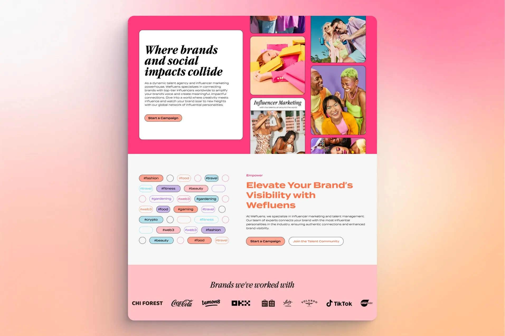 Full-length view of the redesigned Wefluens homepage on a pink and orange gradient