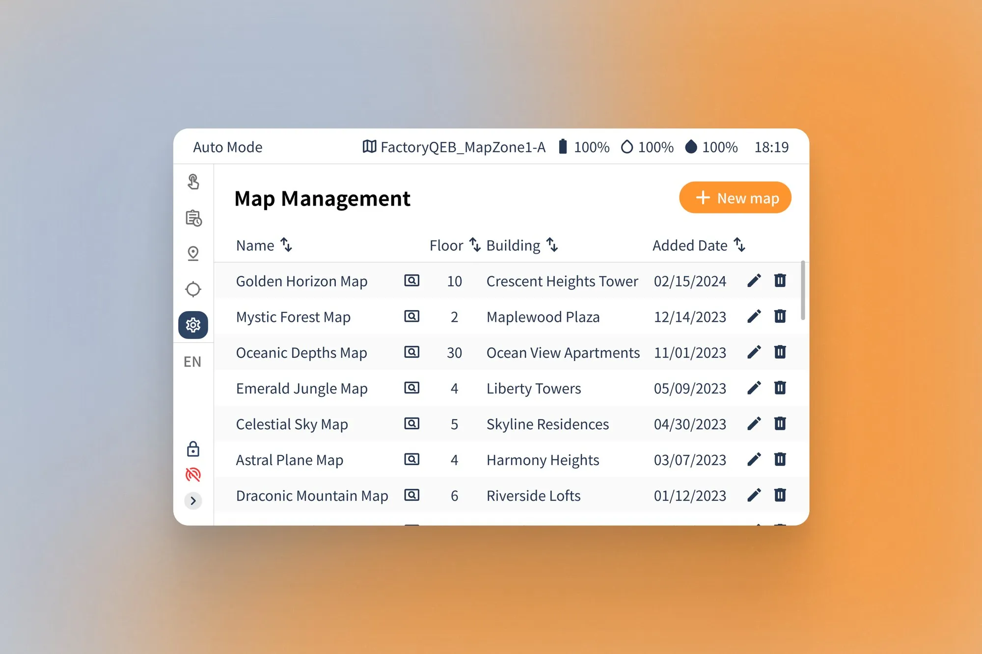 MIO V2 tablet interface showing the Map Management list