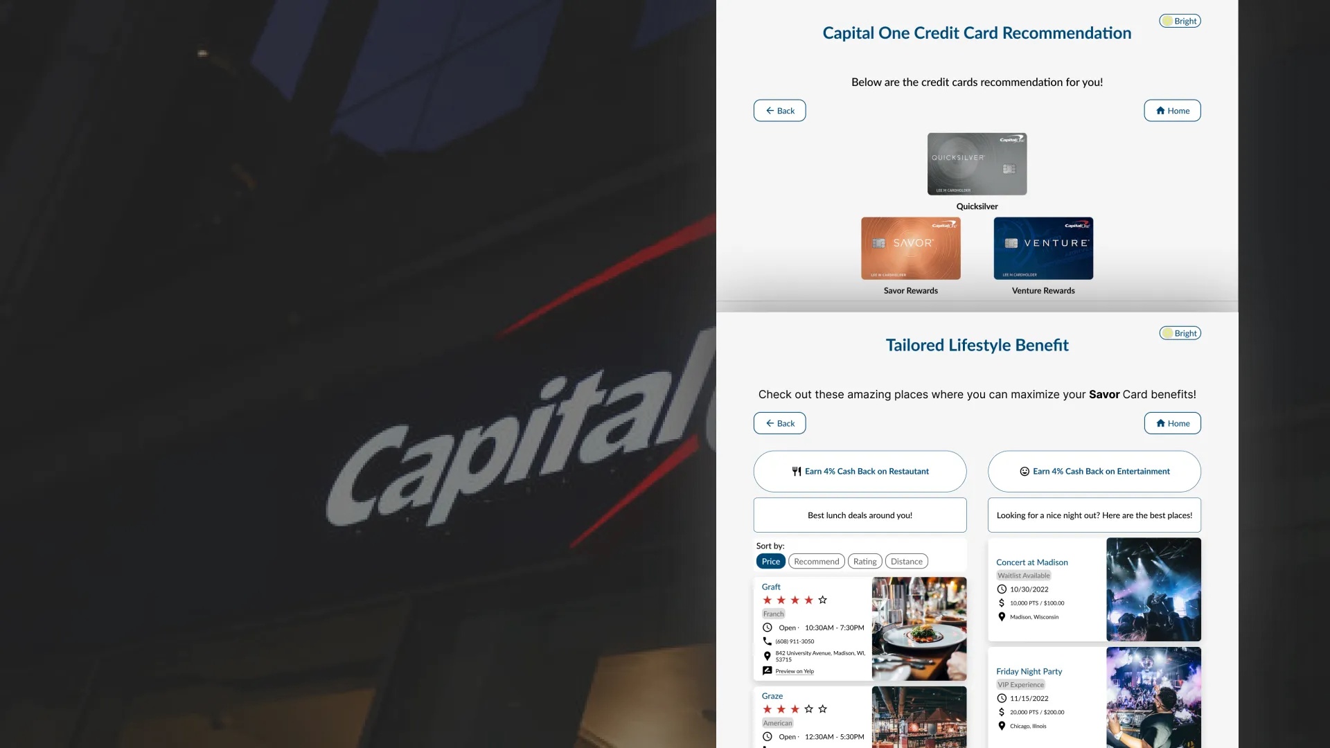 Credit card recommendation and Tailored Lifestyle Benefit screens over a dark photo of a Capital One sign