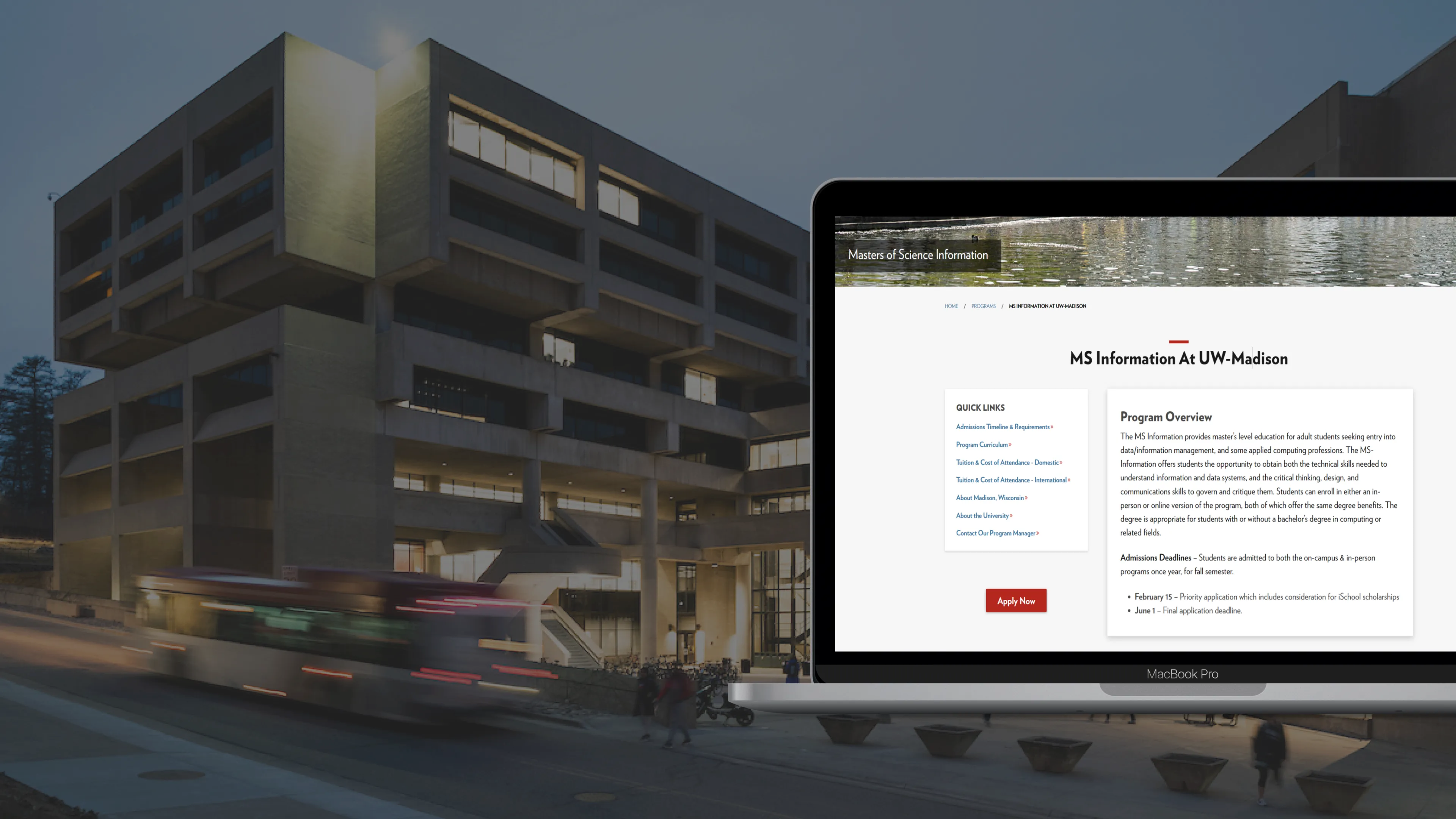Redesigned MS Information page on a laptop, over a dark photo of a campus building at dusk