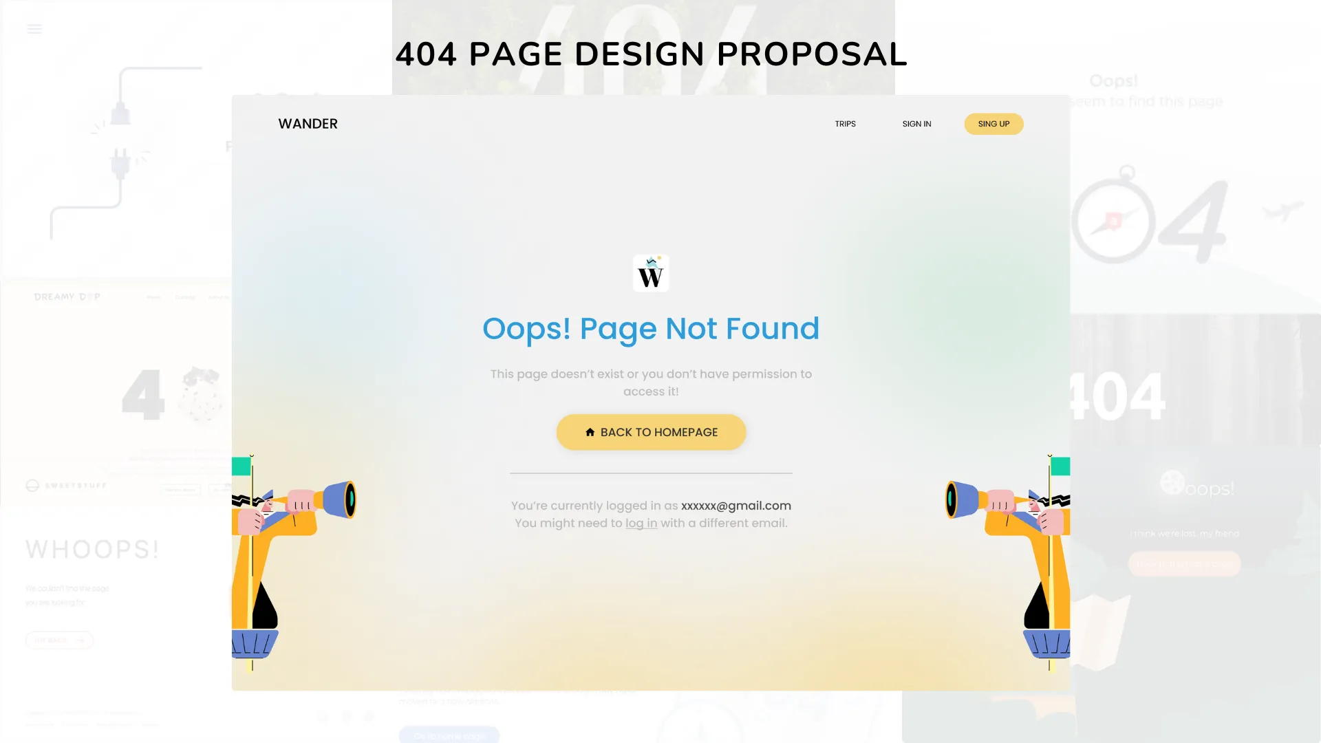 Proposed 404 page reading "Oops! Page Not Found" with a Back to Homepage button and two illustrated figures holding spyglasses