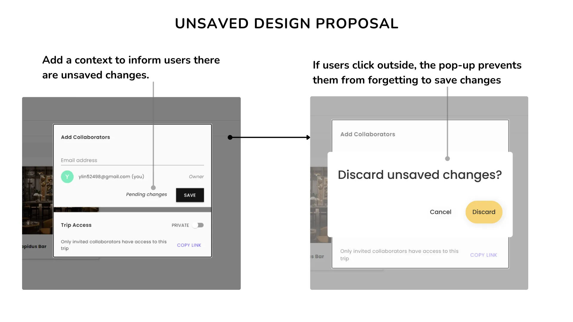 Two proposal screens: a pending changes note beside a Save button, then a pop-up asking to discard unsaved changes