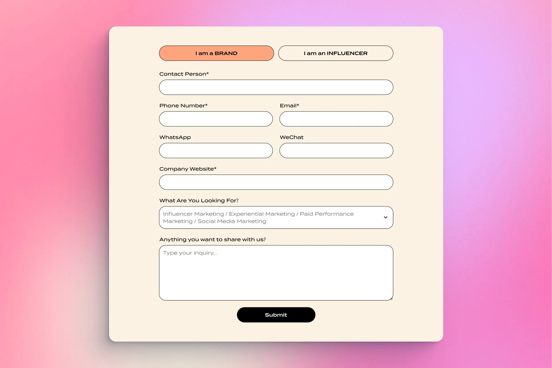 Inquiry form with two options at the top, one for brands and one for influencers