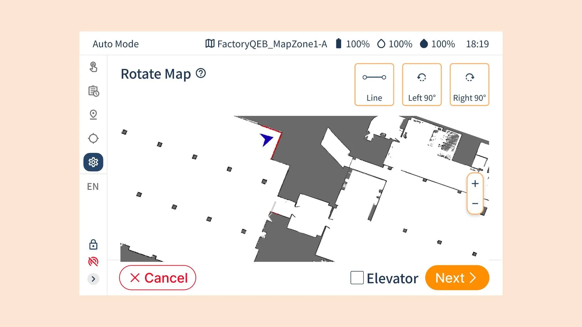 Rotate Map tablet screen showing a floor map, with rotate buttons at the top right
