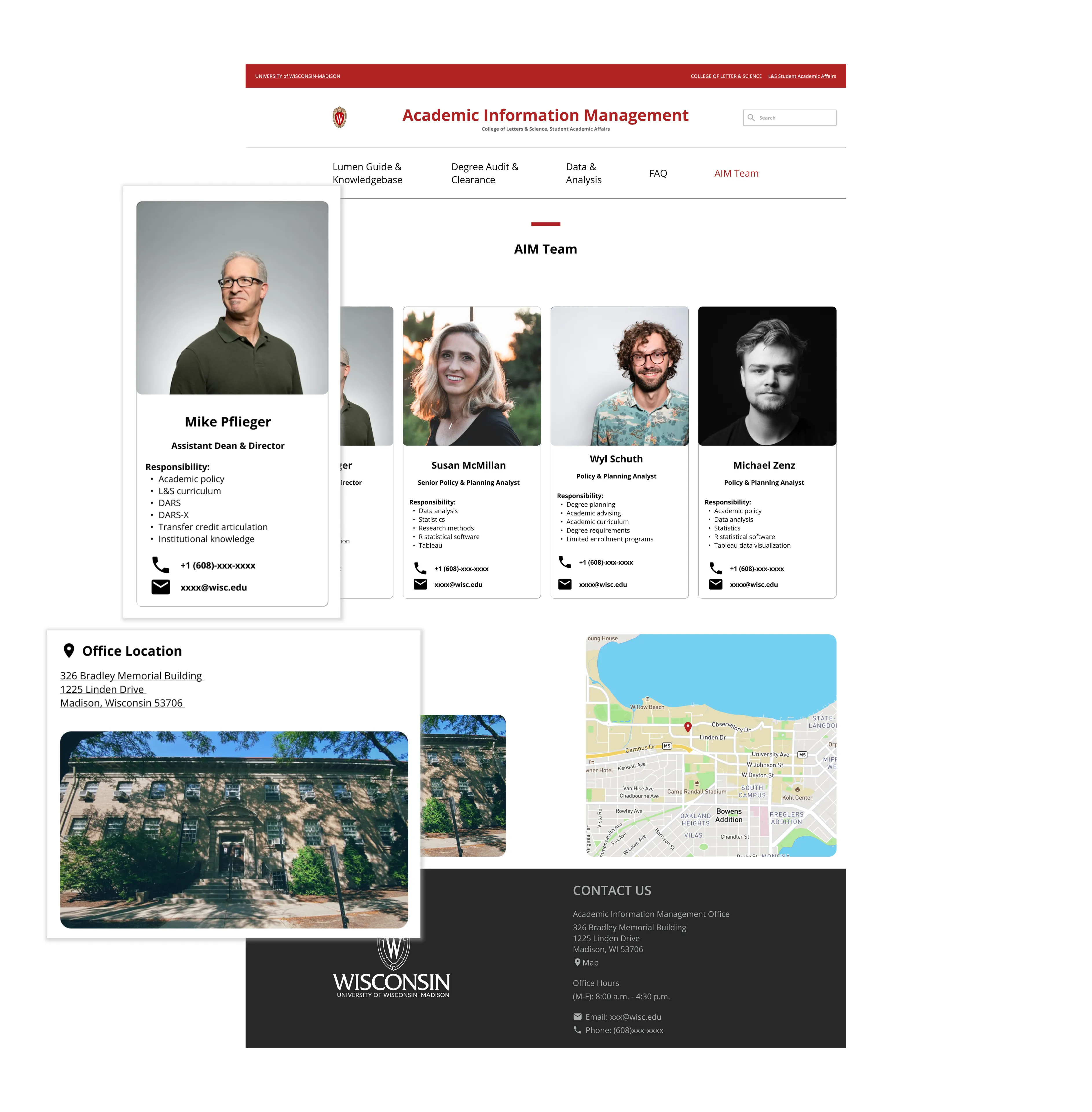 AIM Team page with staff cards listing responsibilities, phone and email, and an office location with a map