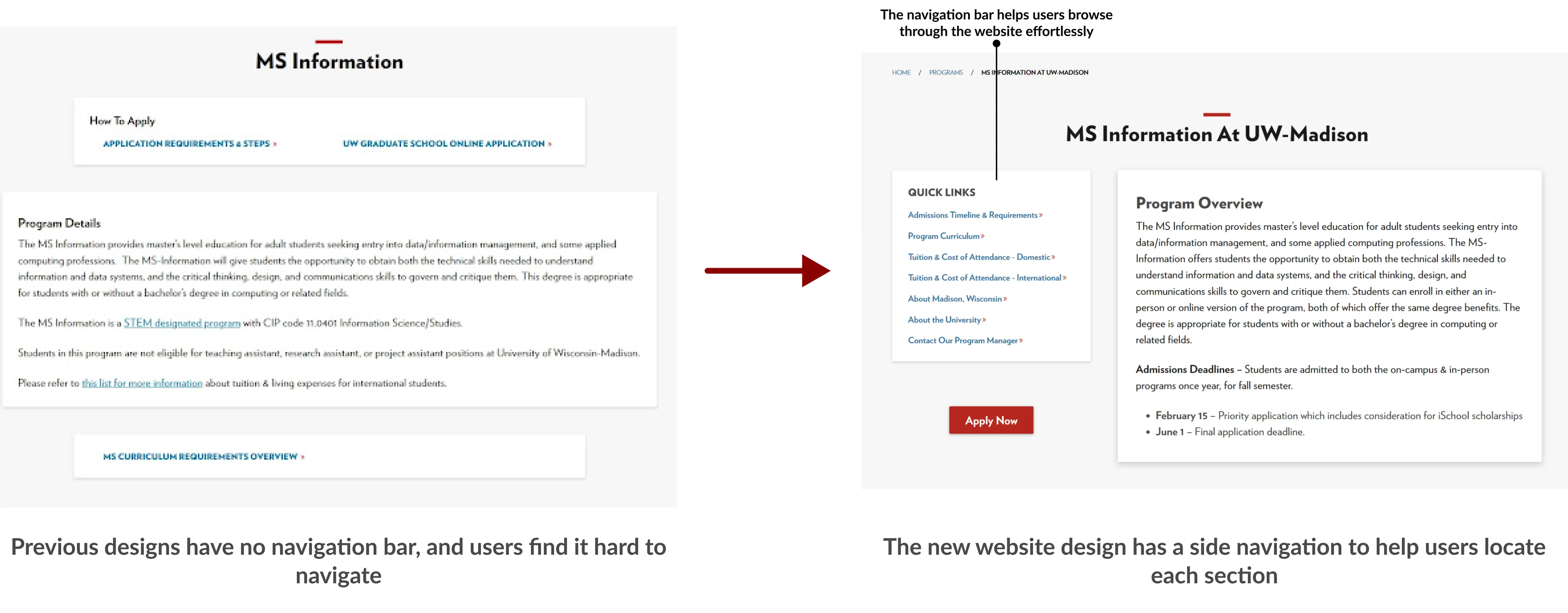 Before and after program pages, with the new design adding a side navigation of quick links